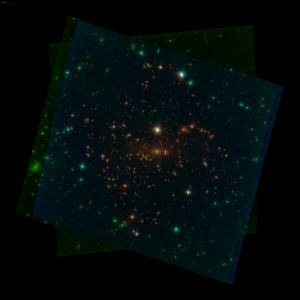 SMACS J0723.3-7327 Color Images from Hubble ACS-WFC3IR. We see a mosaic image with red, green, and blue false colors. The image shows a few nearby stars with diffraction spikes and a large number of galaxies, including many elongated by gravitational lensing. The resolution is much lower than the JWST image.
