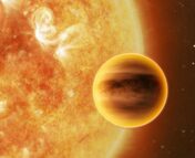 artist's impression of a hot jupiter planet viewed in front of its star