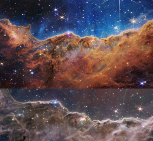 top from NASA: This landscape of “mountains” and “valleys” speckled with glittering stars is actually the edge of a nearby, young, star-forming region called NGC 3324 in the Carina Nebula. Captured in infrared light by NASA’s new James Webb Space Telescope, this image reveals for the first time previously invisible areas of star birth. Credits: NASA, ESA, CSA, and STScI. bottom from NASA: A star field is speckled across the image. The stars are of many sizes. They range from small, faint points of light to larger, closer, brighter, and more fully resolved stars with 8-point diffraction spikes. The stars vary in color, the majority of which have a blue or orange hue. The upper-right portion of the image has wispy, translucent, cloud-like streaks rising from the nebula running along the bottom portion of the image. The cloudy formation shown across the bottom varies in density and ranges from translucent to opaque. The cloud-like structure of the nebula contains ridges, peaks, and valleys – an appearance very similar to a mountain range. Many of the larger stars shine brightly along the edges of the nebula’s cloud-like structure.