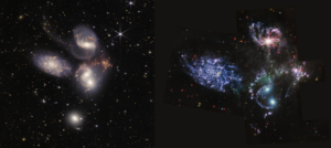 left image, from NASA: This image of Stephan’s Quintet, a visual grouping of five galaxies, is contains over 150 million pixels and is constructed from almost 1,000 separate image files. Sparkling clusters of millions of young stars and starburst regions of fresh star birth grace the image. Sweeping tails of gas, dust and stars are being pulled from several of the galaxies due to gravitational interactions. Most dramatically, Webb captures huge shock waves as one of the galaxies, NGC 7318B, smashes through the cluster. Credits: NASA, ESA, CSA, and STScI. right image, from NASA: Image of a group of four galaxies that appear close to each other in the sky: two in the middle, one toward the top, one to the upper left. In addition, there is a large bright patch toward the right. The galaxy at the top has a bright reddish core and is surrounded by swirls of blue and purple filaments that travel inward to its bright core, also highlighted by eight diffraction spikes. The galaxy on the left is a mass of purple gas surrounding a dim red core. The mass is made from small clumps, each slightly illuminated. The two galaxies in the middle have two bright, blue cores, surrounded by purple wisps. The bright patch to the right is made from clouds of blue and purple, strung together in filament-like bands. Surrounding the galaxies is a background peppered with red, blue, and purple dots, which are distant stars and galaxies.