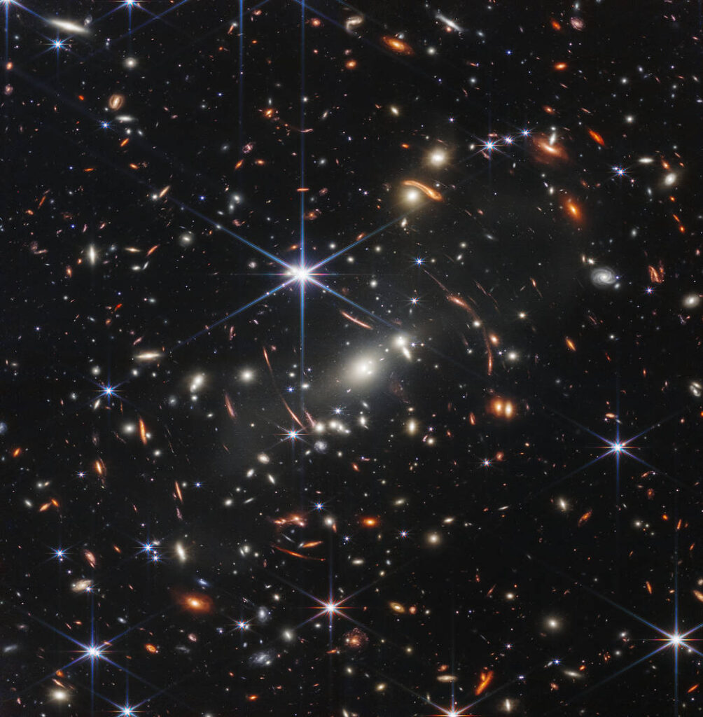 from NASA: NASA’s James Webb Space Telescope has produced the deepest and sharpest infrared image of the distant universe to date, known as Webb’s First Deep Field, this image shows galaxy cluster SMACS 0723. Credits: NASA, ESA, CSA, and STScI