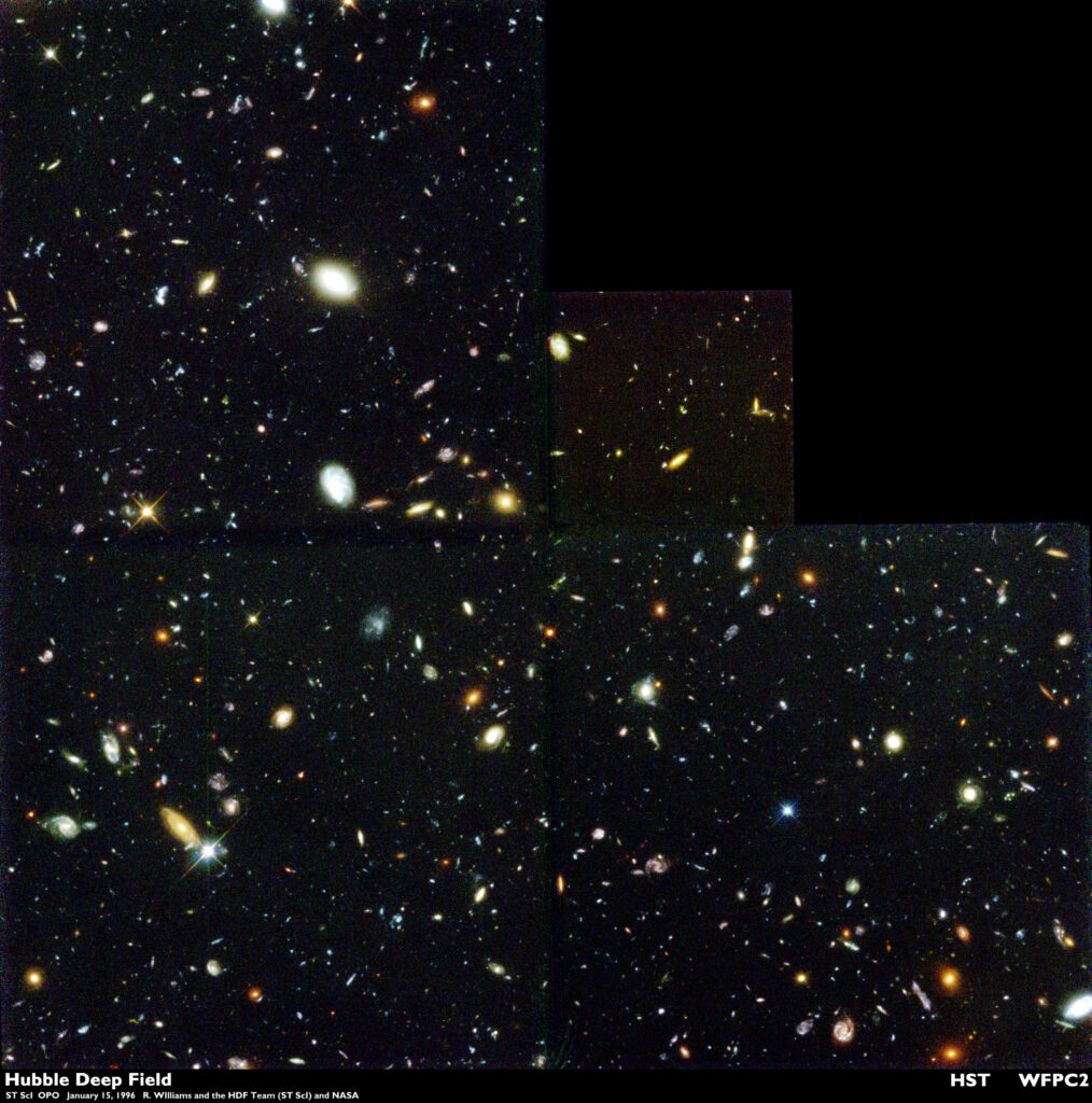 from ESA: One peek into a small part of the sky, one giant leap back in time. NASA's Hubble Space Telescope provided one of the deepest, most detailed visible views of the universe. Representing a narrow "keyhole" view stretching to the visible horizon of the universe, the Hubble Deep Field image covers a speck of the sky only about the width of a dime 75 feet away. The field is a very small sample of the heavens but it is considered representative of the typical distribution of galaxies in space. In this small field, Hubble uncovered a bewildering assortment of at least 1,500 galaxies at various stages of evolution.