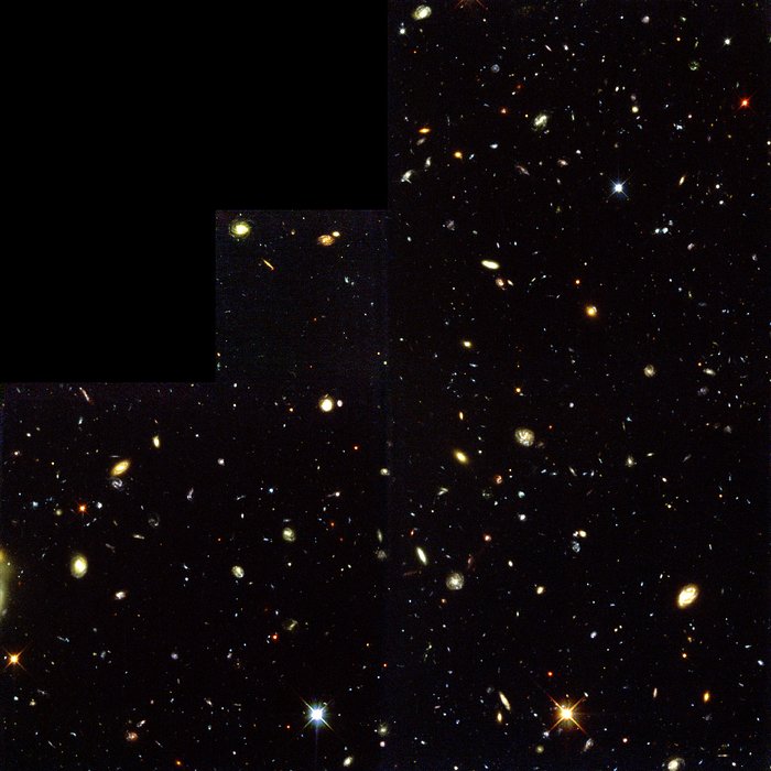from ESA: The deepest visible/ultraviolet light image of the universe ever taken, revealing galaxies down to 30th magnitude. Glaring fiercely across 12 billion light-years of space is the brilliant beacon of a distant quasar (z=2.2). Most of the galaxies in this view lie between us and the quasar.  The image was taken with the Wide Field Planetary Camera 2. Light from the galaxies was also analysed with the Space Telescope Imaging Spectrograph (STIS