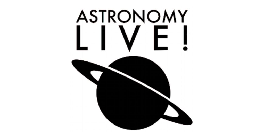 Logotyp: Astronomy LIVE!  över en tecknad film av en planet