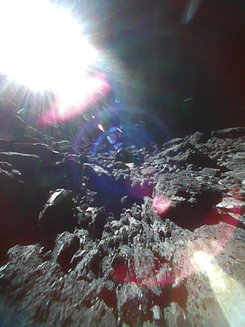 Gif showing the progression of the Sun across the sky, as captured by one of the rovers on Ryugu. The surface of Ryugu is really rocky. 