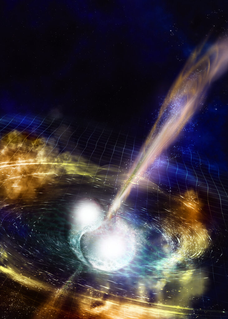 Artist rendition of a neutron star merger. There are ripples from gravitational waves moving away, and a bright jet of material traveling away from the merging objects.
