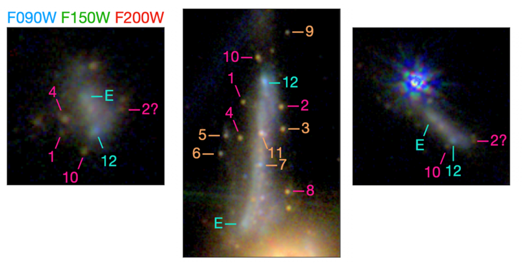 Three images of the lensed Sparkler galaxy -- it is diffuse and blue, looking like a smudge, surrounded by little red dots. It looks irregularly circular in the left image, and stretched out in the other two images. The right panel has a bright blue stellar artifact at the top of the galaxy. In each panel, the little red dots are marked with numbers.