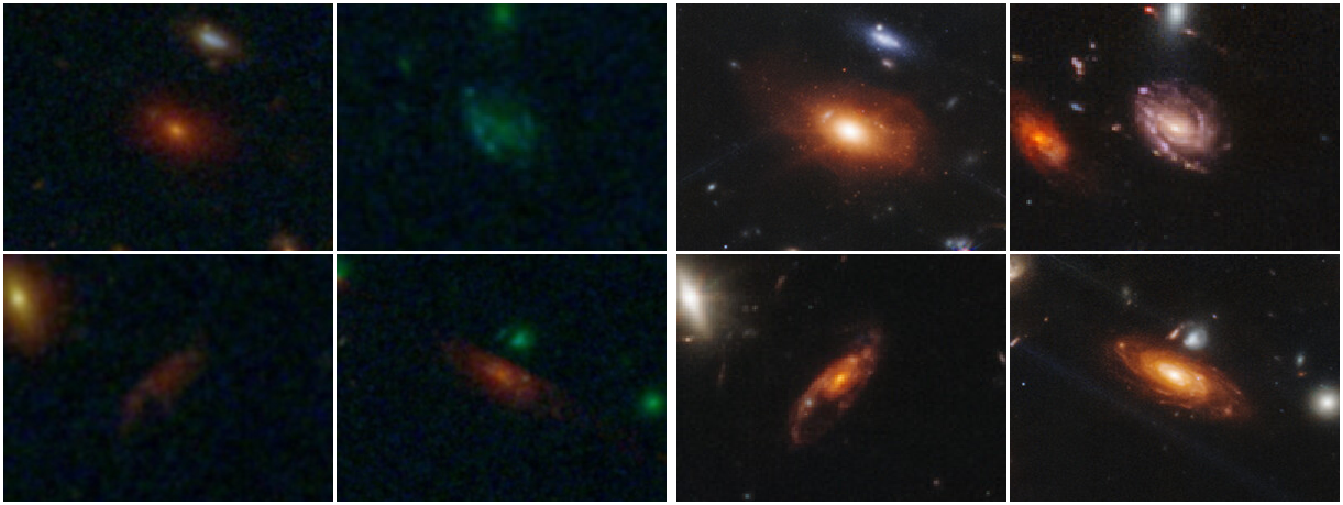 Figure showing two sets of four galaxy images. The left image of each galaxy is faint and blurry, with few features visible. The right image of each galaxy shows a galactic disk and spiral features, which were not previously visible.