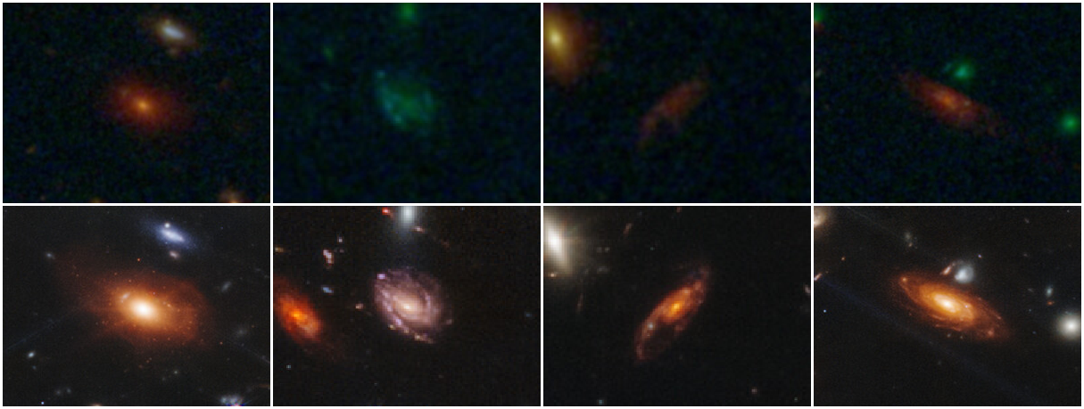Figure showing four pairs of galaxy images. The top image of each galaxy is faint and blurry, with few features visible. The bottom image of each galaxy shows a galactic disk and spiral features, which were not previously visible.