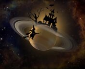 A cartoon image of Saturn with a black haunted house on it and a witch flying around it.