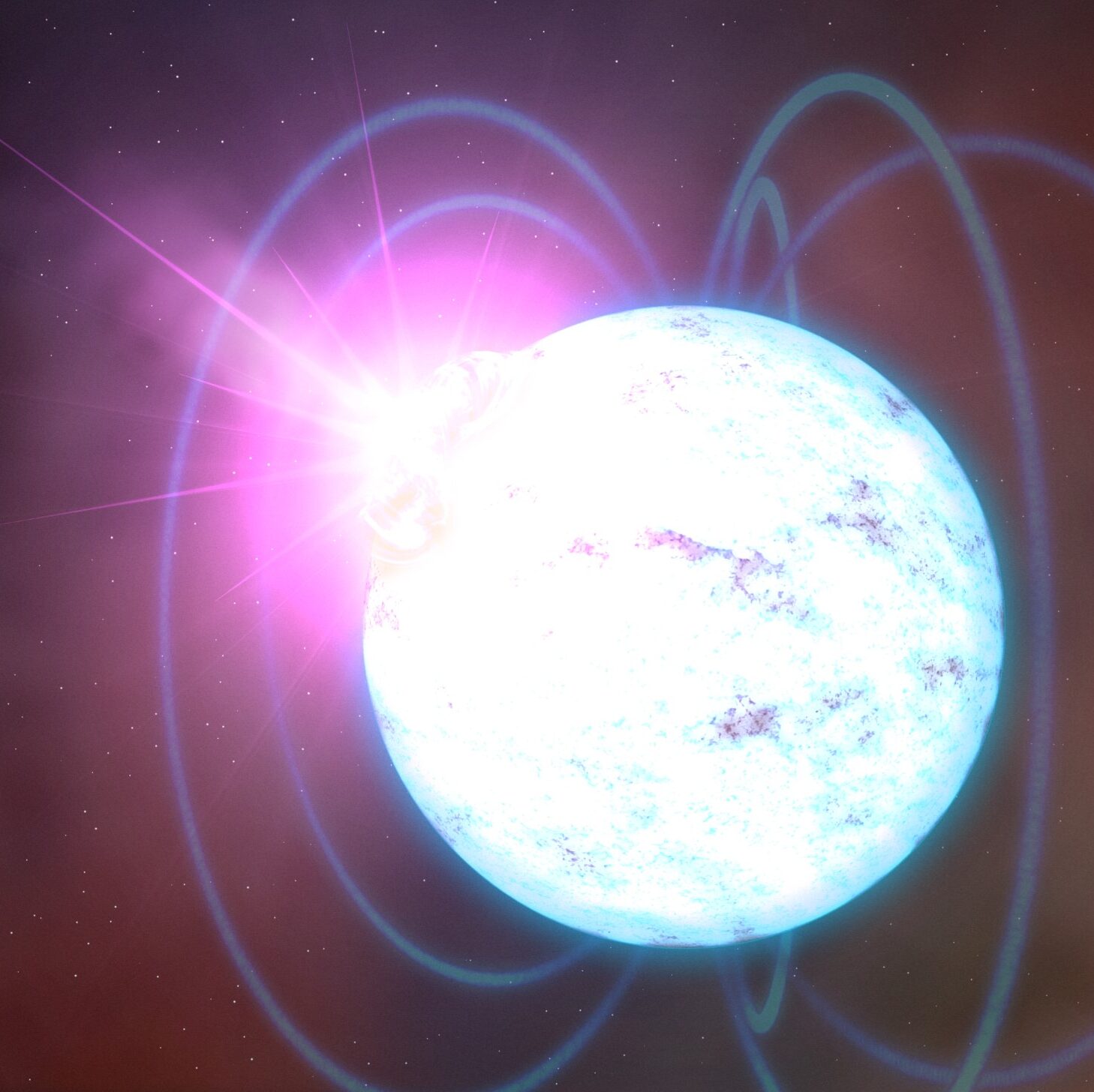 artistic image of a magnetar, with a big burst of energy coming off one side and magnetic field lines drawn around the magnetar