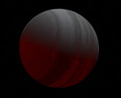 An artist's impression of an extrasolar gas giant planet. The dark planet is colored in shades of gray, over a black background, with a warm red light coming from underneath.