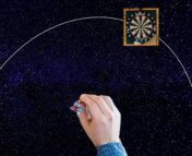 An arm extends aiming a dart with a neutron-star tip. The setting is in space, where a companion dartboard moves along its orbit.