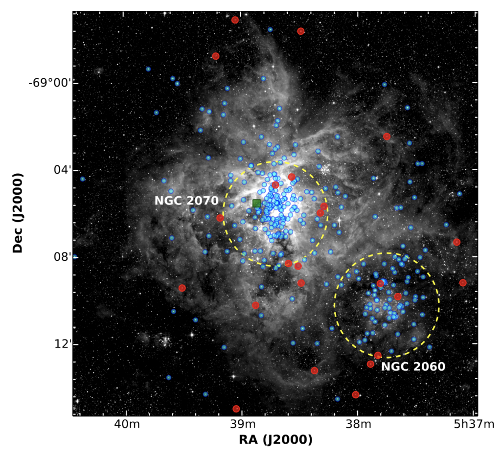 A black and white image of the Tarantula Nebula, which is white and looks very wispy and gaseous, like smoke. The axes read "Dec (J200) and RA(J2000) in y and x, respectively. In the middle and lower right of the image are yellow dashed circles. Around the image, mostly concentrated within the circles, are blue dots. Scattered around are also a few red dots, and one green square.