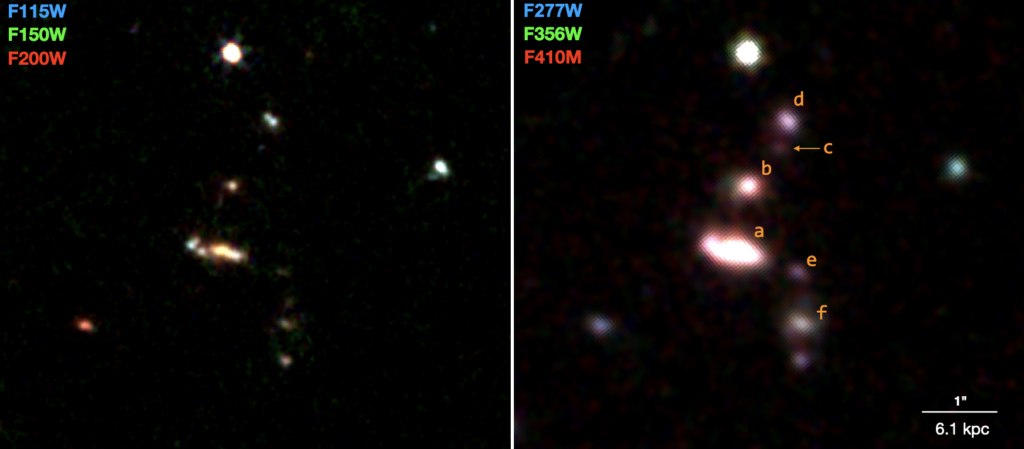 Left: An image of 6 galaxies, all looking like they're lined up down the center. This is a composite image from the F115W, F150W, and F200W filters, listed on the top left of the image. Right: The same image of 6 galaxies, but made from different filters: the F277W, F356W, and F410M filters.