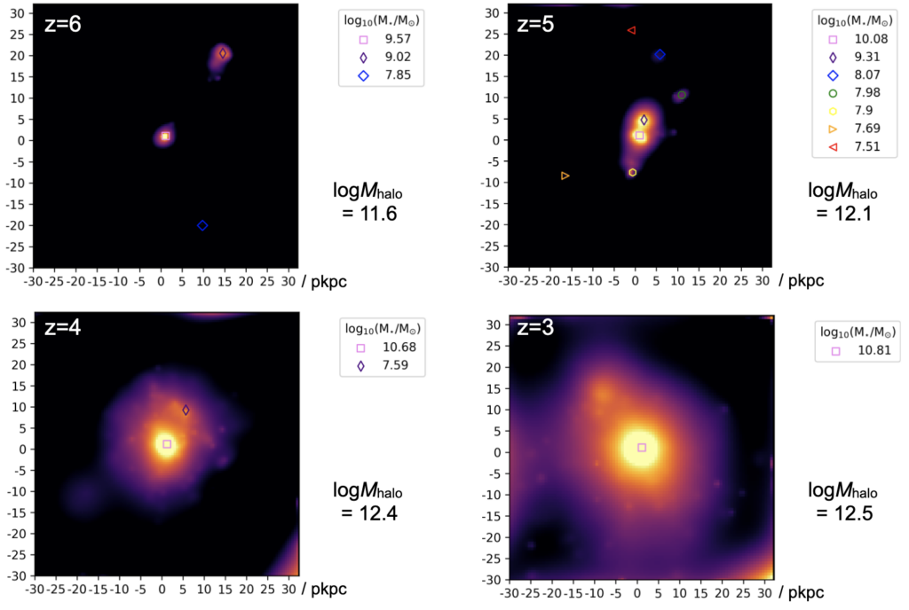 Four panels showing the evolution of a simulated galaxy group from redshift z=6 (top left panel), to z=5 (top right), z=4 (bottom left) and z=3 (bottom right). Each panel goes from -30 to 30 pkpc on the x and y axes and each show the mass of the dark matter halo of the group (from 11.6 to 12.1 to 12.4 to 12.5 solar masses from z=6 to z=3). There is a legend for each panel that shows the stellar mass of different components, marked by differently colored and shaped markers.