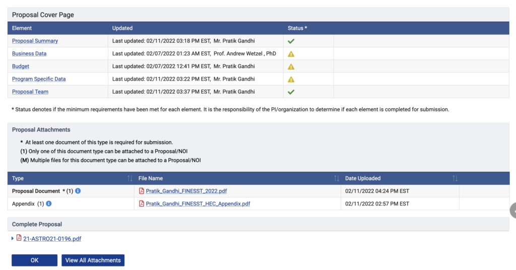 Browser page showing what NSPIRES looks like once the FI is logged in to the proposal that was created. Central portion contains editable sections for all the different parts of the application, while the bottom contains links to upload the application PDF and optional computing appendix.