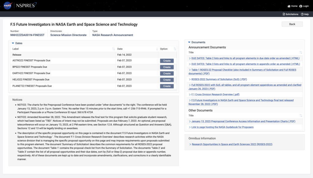 Browser page showing the NSPIRES platform. Buttons to create new proposals in the relevant category are in the left hand column, while the right hand column contains links to various documents, including the main solicitation under the name "F.5"