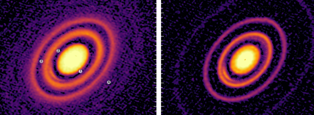 Two images of the surface brightness of a disk, side-by-side. The left shows a bright central disk, with two concentric rings and a smattering of brightness beyond the second ring. The right shows the same bright central disk and two rings, but does not have the same brightness beyond the second ring. Both have a small, crescent shaped anomaly interior to the first ring. The left diagram includes four dots -- two in the gap between central disk and first ring, labelled 1 and 2, on opposite sides of the disk (1 is upper-left of center, 2 is lower-right). The third is in the gap between the two rings and is nearly in line with the dot labelled 2 (left of center). The fourth is just outside the second ring (lower right)