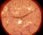 An image of the sun with a semitransparent face of a clock superimposed on top