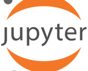 Jupyter logo. The word Jupyter is encirlced by two orange half moons. There are three grey circles in the top right, top left, and bottom left corners.