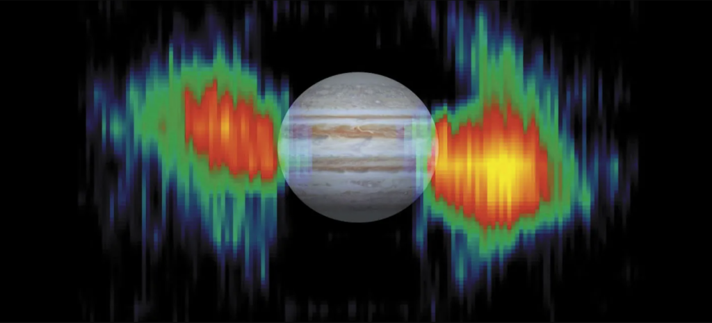 The synchrotron emission from Jupiter's radiation belt. It is distinctly double lobed.