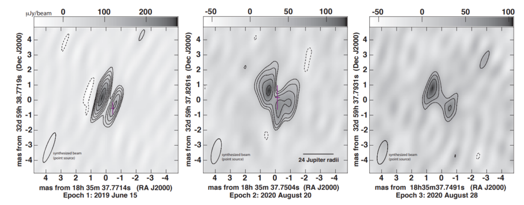 The synchrotron emission observed from the ultracool dwarf J1835 that appeared in three separate observing runs from June 15th 2019, August 20th 2020, and August 28th 2020. The emission is distinctly double-lobed, very similar to Jupiter's synchrotron emission.