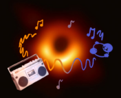 2 black holes hold hands and dance around an accretion disk of a supermassive black hole, to a boombox emitting musical notes. the black holes emit gravitational waves that are blue on one side of the supermassive black hole and orange on the other