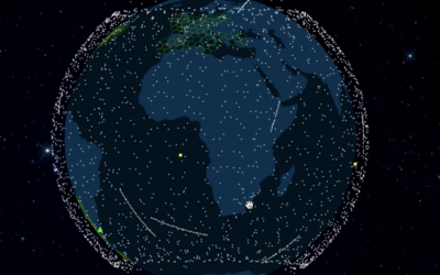 An illustrated view of earth from space, speckled neatly with rows of white dots representing Starlink Satellites in our low earth orbit