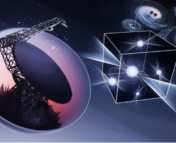 Artist’s impression of a radio telescope measuring pulsars being affected by gravitational waves from distant binaries