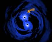 Schematic from NASA's Goddard Space Flight Center showing two supermassive black holes orbiting on another. Cartoon star meets its demise in this binary.
