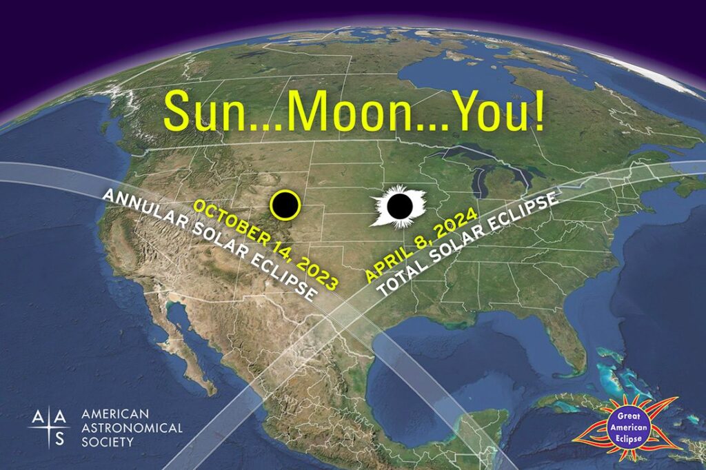 Map of north america showing the paths of the two upcoming solar eclipses