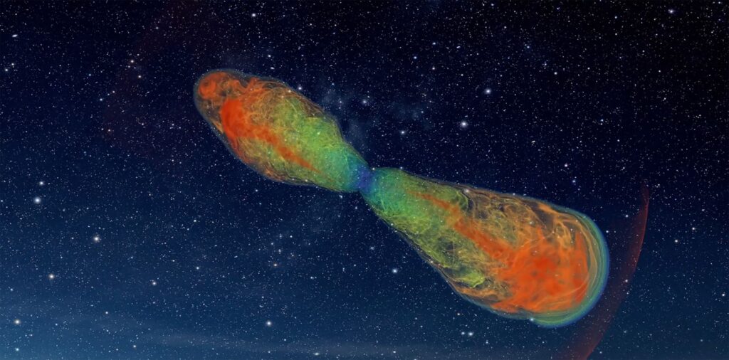 Artist's impression depicting two giant lobes representing a cocoon emanating from a dying star at the center