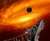 An illstration of a foot with a football shoe kicking a black hole through an artists impression of a disk round a supermassive black hole