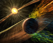 Illustration of Mars losing ions to the surrounding solar environment. Meant to represent a type of atmospheric escape.