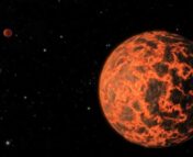 An artist's rendition of a planet with a completely molten surface (aka a lava planet).