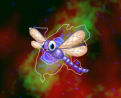 a dragonfly sitting on a radio image of a nebula