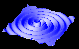 animation of ripples out from a central point. the ripples represent gravitational waves spiraling outwards as two compact objects orbit each other