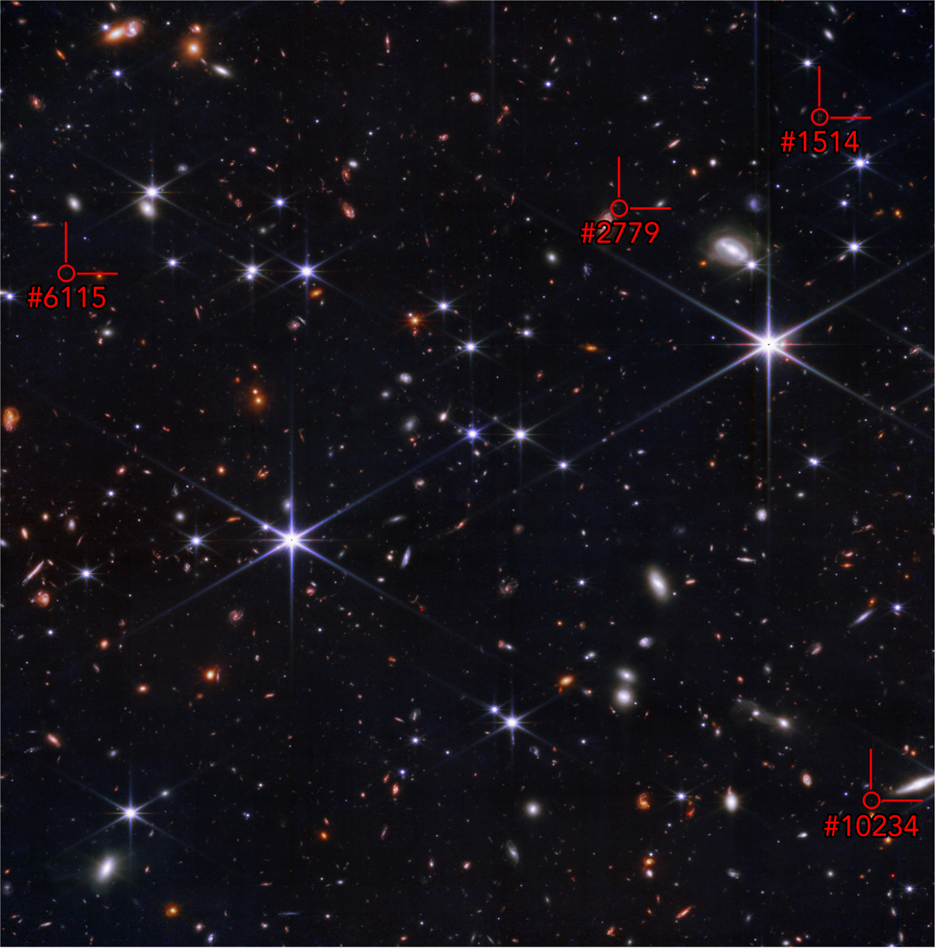 A section of the earlier JWST image with 4 high redshift candidates highlighted
