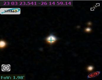 screenshot of software showing an image of the sky, zoomed in on a star. There is an light, orange blob in the center, with a crossharis over it. Coordinates in the top left read (23 03 23.541, -26 14 59.14).