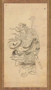 A hanging scroll with a Japanese drawing of an old man, representing Saturn.