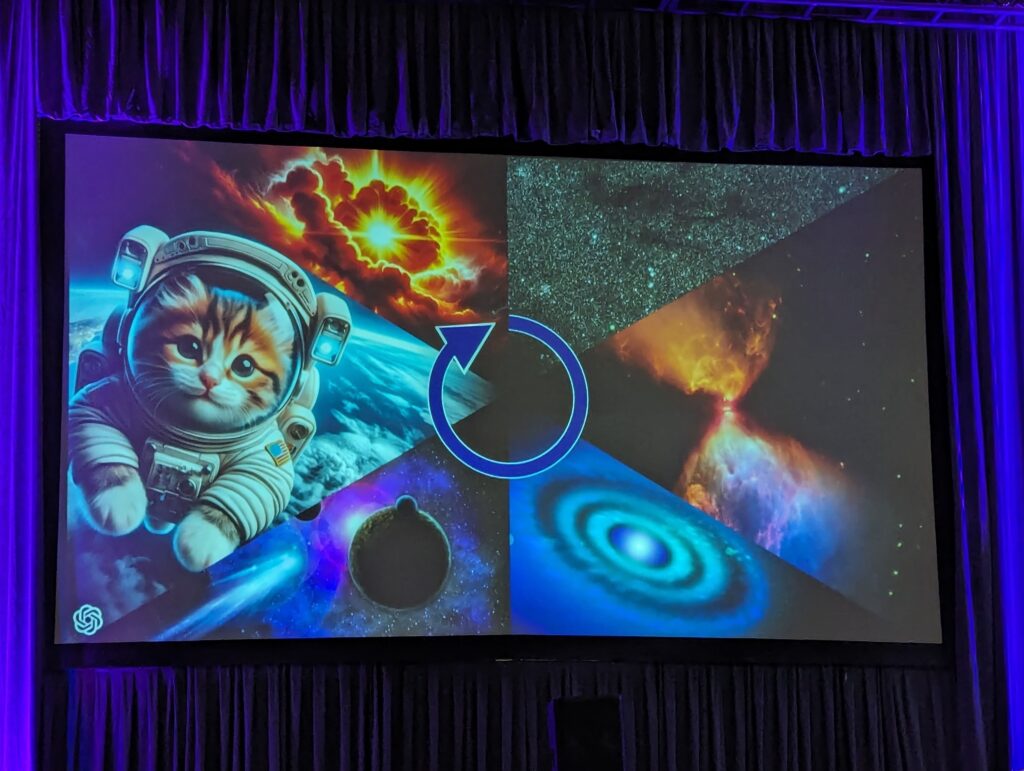A graphic with multiple small images linked with a curved arrow. Each image depicts one phase in the lifecycle of matter collapsing from molecular clouds into stars and planets. A kitten in an astronaut suit floating above Earth stands out among the more serious scientific renderings.