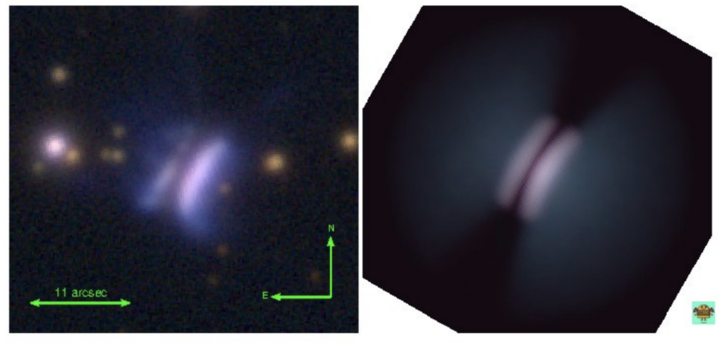 Left: Pan-STARRS image of Dracule’s Chivito with a bright blue-purple light in the center, as a structure resembling a sandwich. It has faint filaments extending out like "fangs". Right: A model of the disk on the left, which looks smoother and the fangs are shown to be a part of larger disk envelope, which is a hazy blue light emanating from the disk in the center which has a pink hue