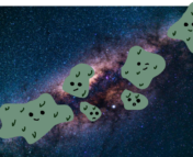 Several blobs of neutrinos overlaid on an image of the Milky Way