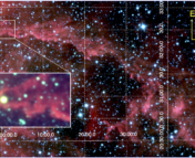 A picture of a portion of the night sky, where there are numerous stars and streaks of dust. There is a circle around a particular star, UJT-1, the subject of this paper. Overlaid on a corner of this image is a zoomed-in view of UJT-1 demonstrating its tail formed by its bow shock as it travels through its surroundings.