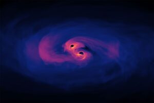 A simulated Supermassive Black Hole Binary system shown in shades of blue, pink, and yellow.