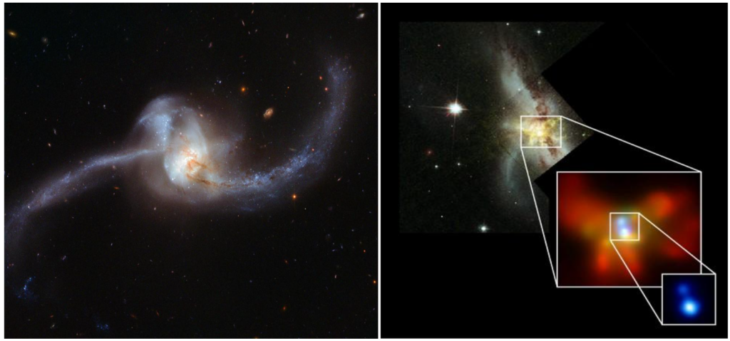 Two pictures of galaxies. the one on the left shows a spiral galaxy with asymmetric arms. The one on the right has an image of a galaxy with zoomed frames showing the center of the galaxy with two bright spots, which are the two nuclei
