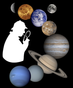 Old timey detective looking at planets
