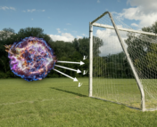 Supernova producing neutrinos (shown as white arrows) shooting into a soccer goal