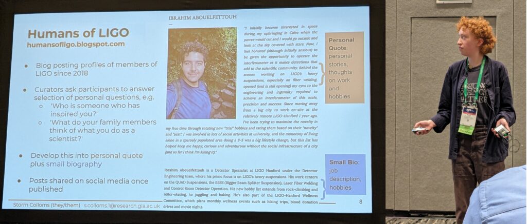 A slide showing a screenshot of the Humans of LIGO blog posted, with a "personal quote" and "small bio" highlighted, and a photo of Storm Collums presenting their work